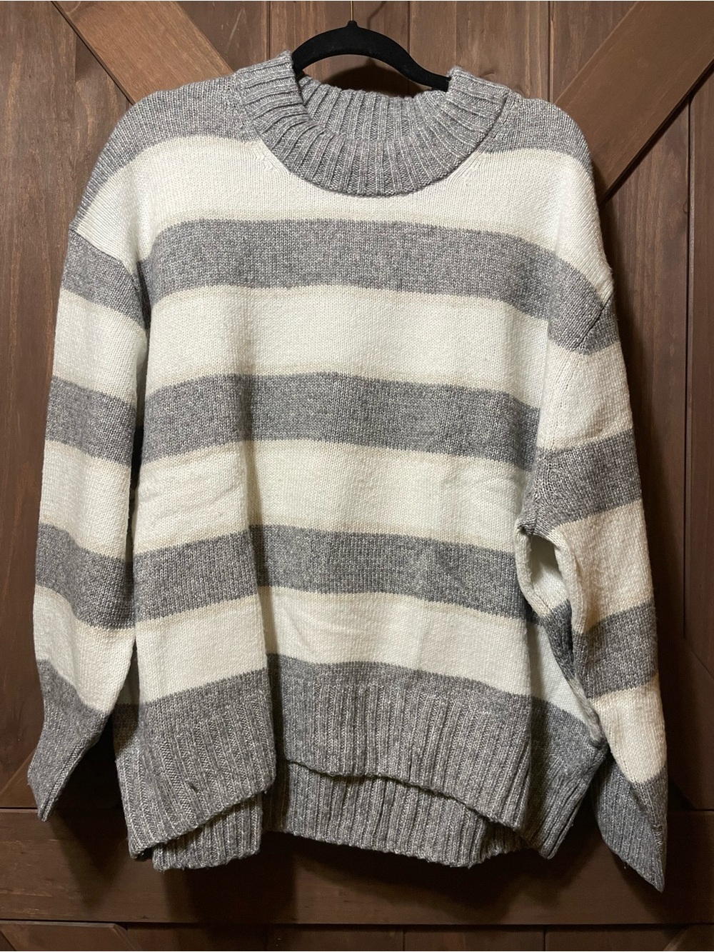 Sonoma Cream and Gray Striped Crewneck Sweater